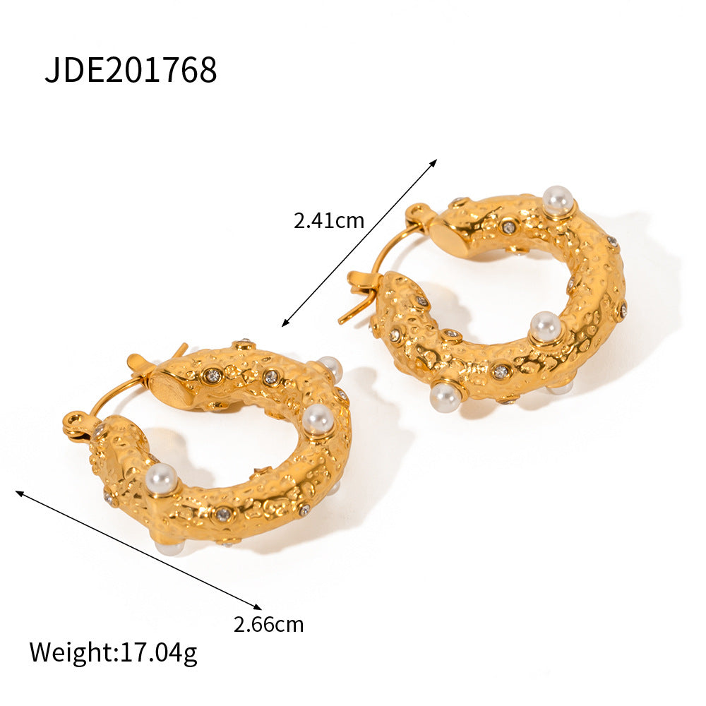 SISSLIA Stylish Personality Hoop 18k Gold Stainless Steel Pearl Hammer Cubic Zirconia Earrings Drop for Women