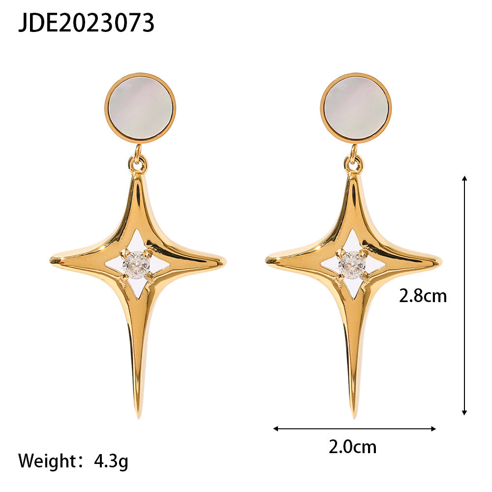 SISSLIA Titanium Steel 16K Gold Plated Star Zircon White Shell Cross Earrings for Women
