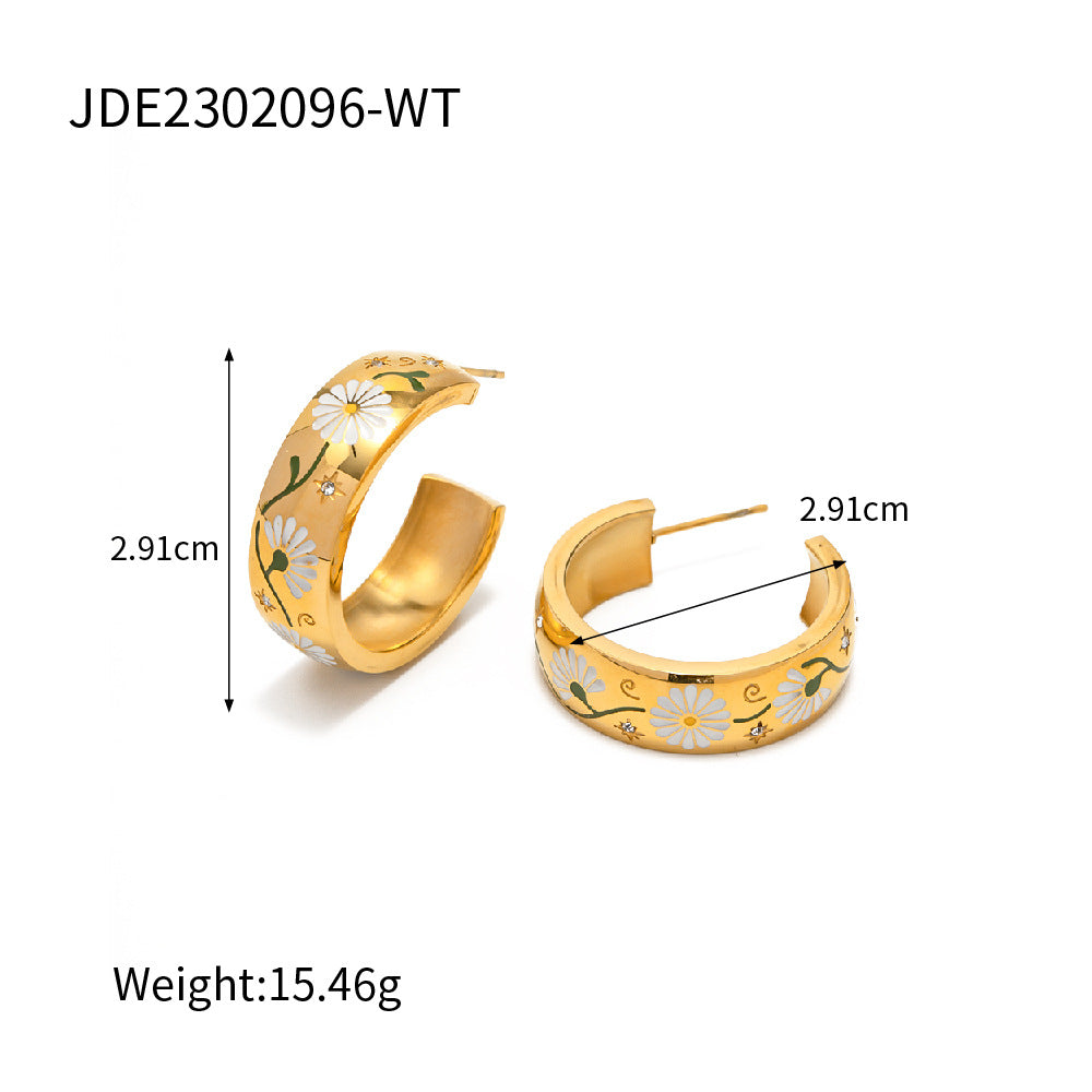 SISSLIA 18k Gold-Plated Stainless Steel Vintage White Flowers Not Fade Niche Design Earrings for Women