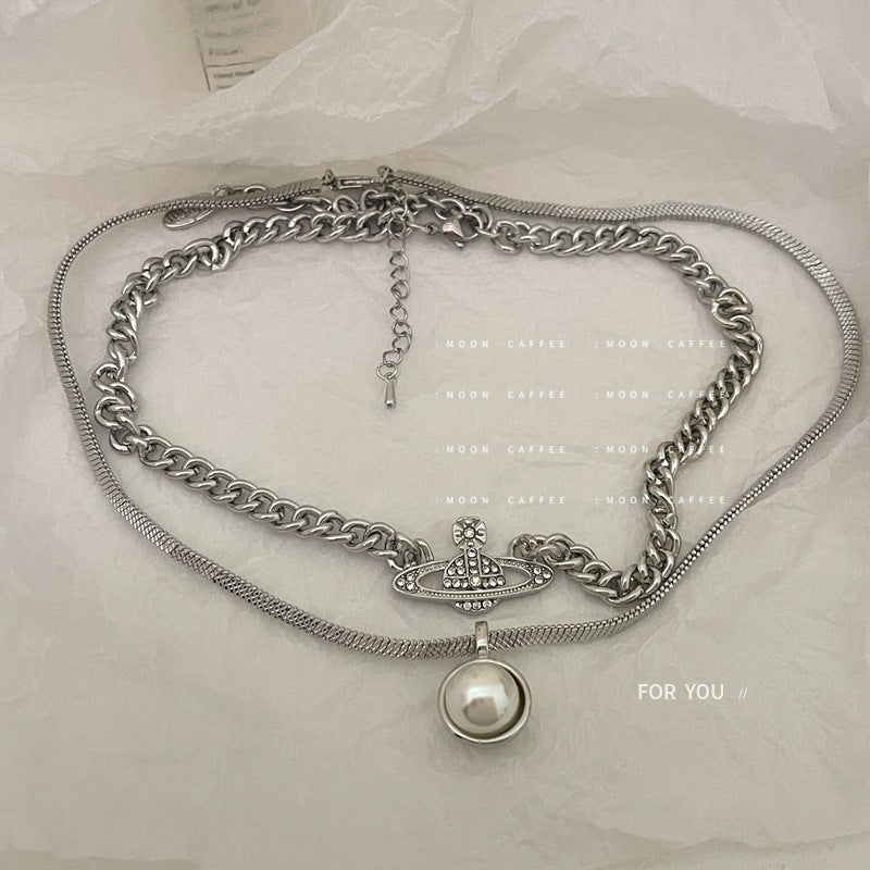 SISSLIA Silver Saturn Shape Inlaid Small Diamond Gold Plated Thick Chain Stack Necklace for Women