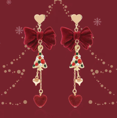 SIsslia Diamond-Encrusted Christmas Tree Red Flocking Sweet Long with Christmas Earrings