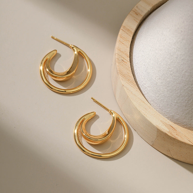 Sisslia Fashion Geometry Stud Earrings Dainty 18K Gold Two Layers Semicircular Moon Shape Stud Earrings For Women