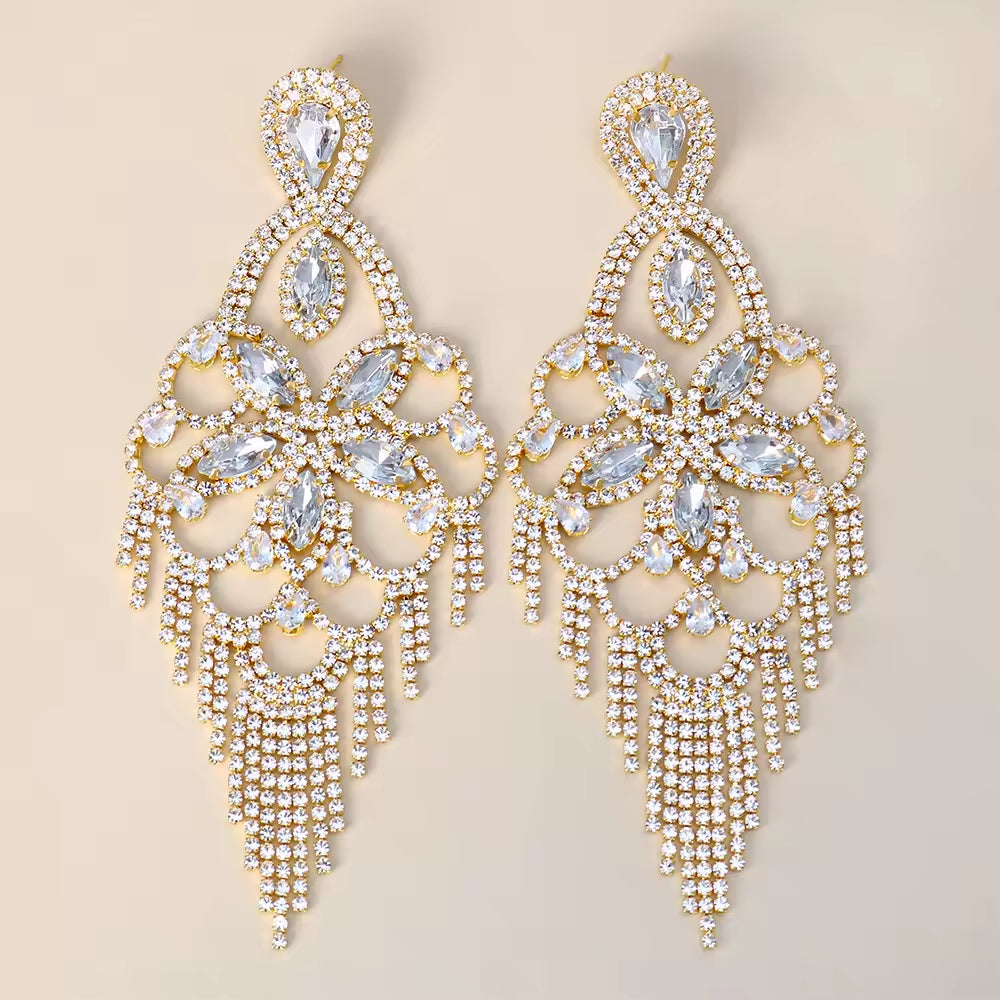 Rhinestone Earrings Long Tassel Drop Earrings For Women Big Hanging Dangle Earrings Bridal Wedding Jewelry