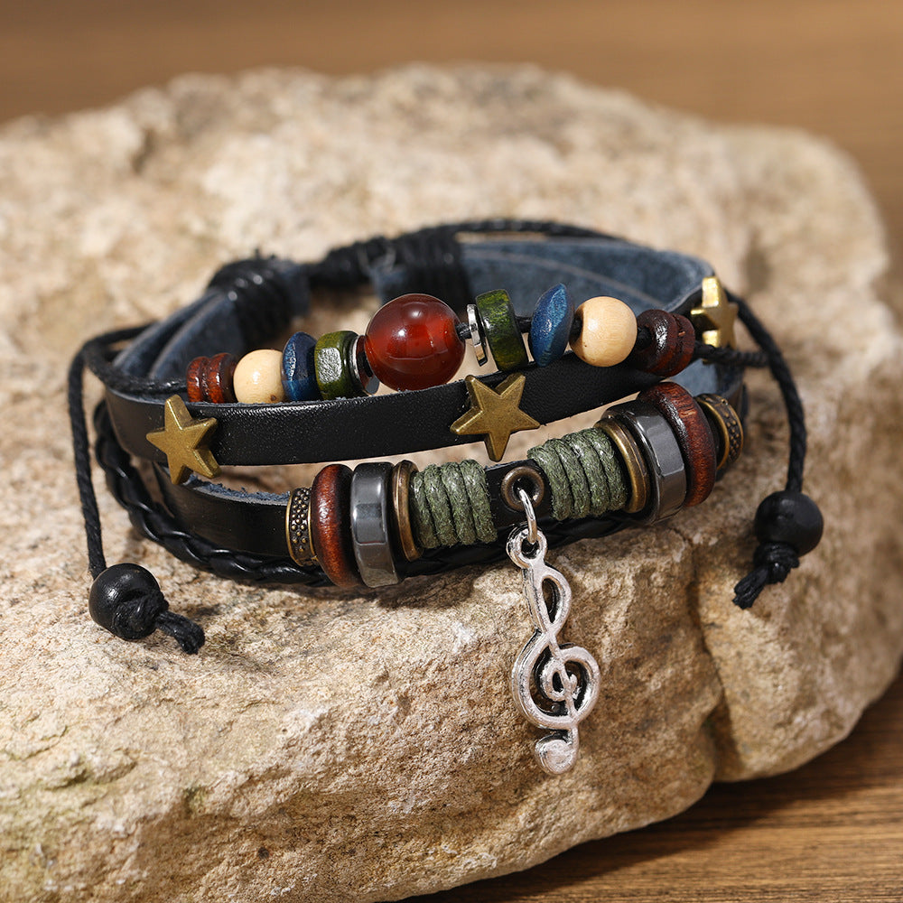 SISSLIA Trendy Handmade Weave Brown Leather Bracelet Metal Star Note Charms Wood Beads Bangle For Unisex Adjustable Bracelet