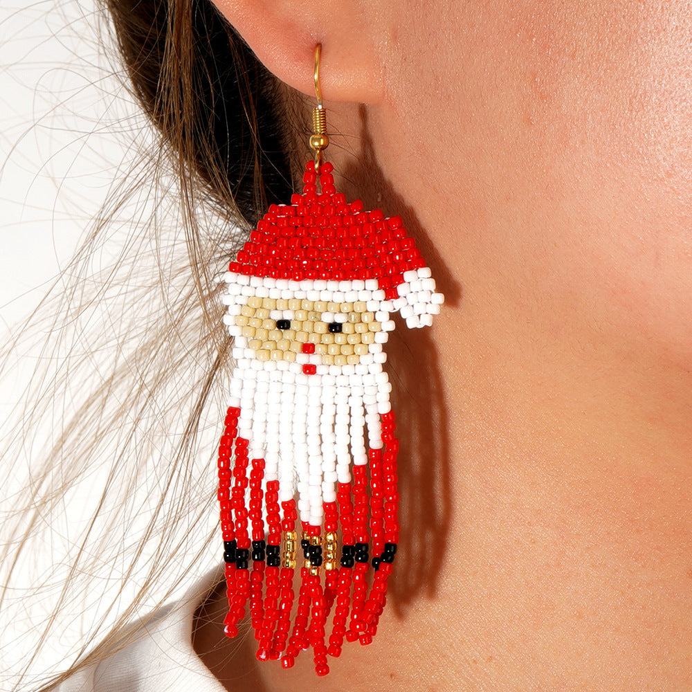 SISSLIA Beaded earrings Tassel Originality Christmas Santa Claus Design Hand knitting Bohemia Alloy Tide Simple Rice bead earrings