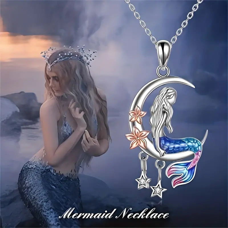 SISSLIA Mermaid Necklace Ocean Mermaid Crescent and Star Necklace with Flower Pendant Birthday Gift Jewelry for Girls