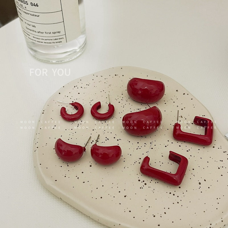SIsslia 925 Silver Needle Retro Red Geometric Baking Paint Girl New Year's All-Match Sweet Cool Wind Earrings for Women