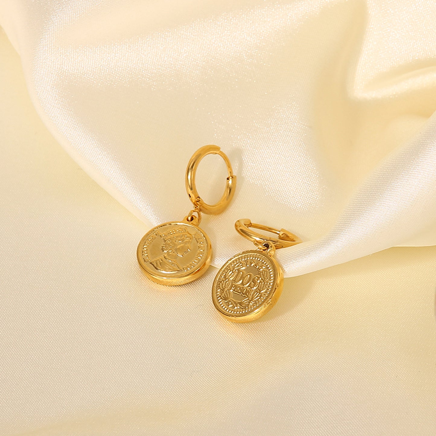 SISSLIA Gold Stainless steel Queen Elizabeth Head Coin Pendant Earrings for Women