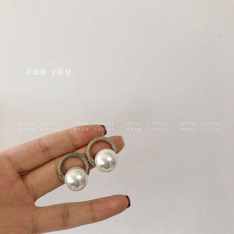 SIsslia S925 Silver Needle Round Large Pearl Retro Everything Temperament Personality Stud Earrings for Women