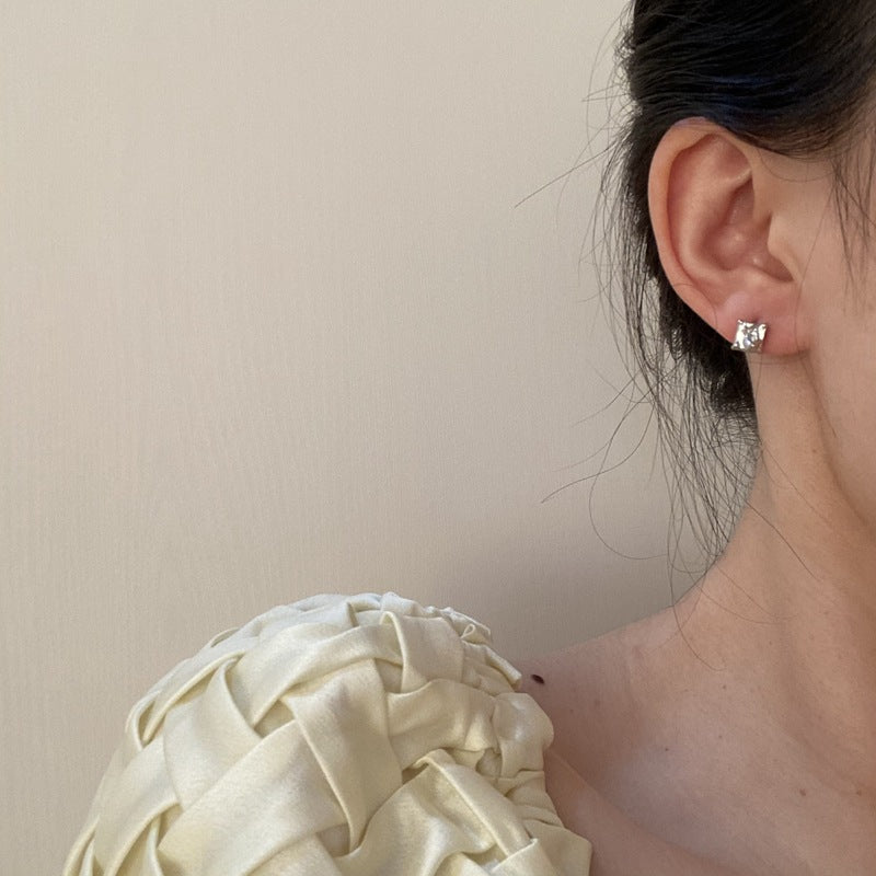 SIsslia 925 Silver Needle Geometric Water Wave Texture Sense Square Cold Wind Earrings for Women