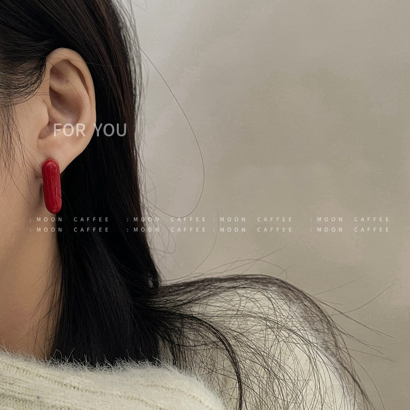 SIsslia 925 Silver Needle Retro Red Geometric Baking Paint Girl New Year's All-Match Sweet Cool Wind Earrings for Women