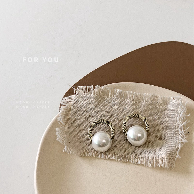 SIsslia S925 Silver Needle Round Large Pearl Retro Everything Temperament Personality Stud Earrings for Women