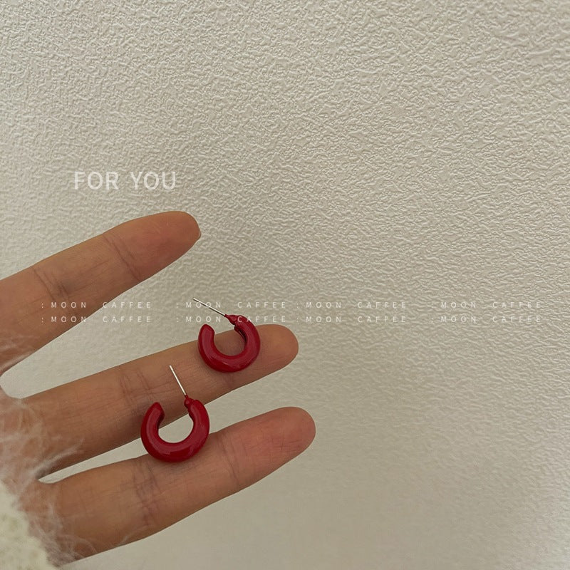 SIsslia 925 Silver Needle Retro Red Geometric Baking Paint Girl New Year's All-Match Sweet Cool Wind Earrings for Women