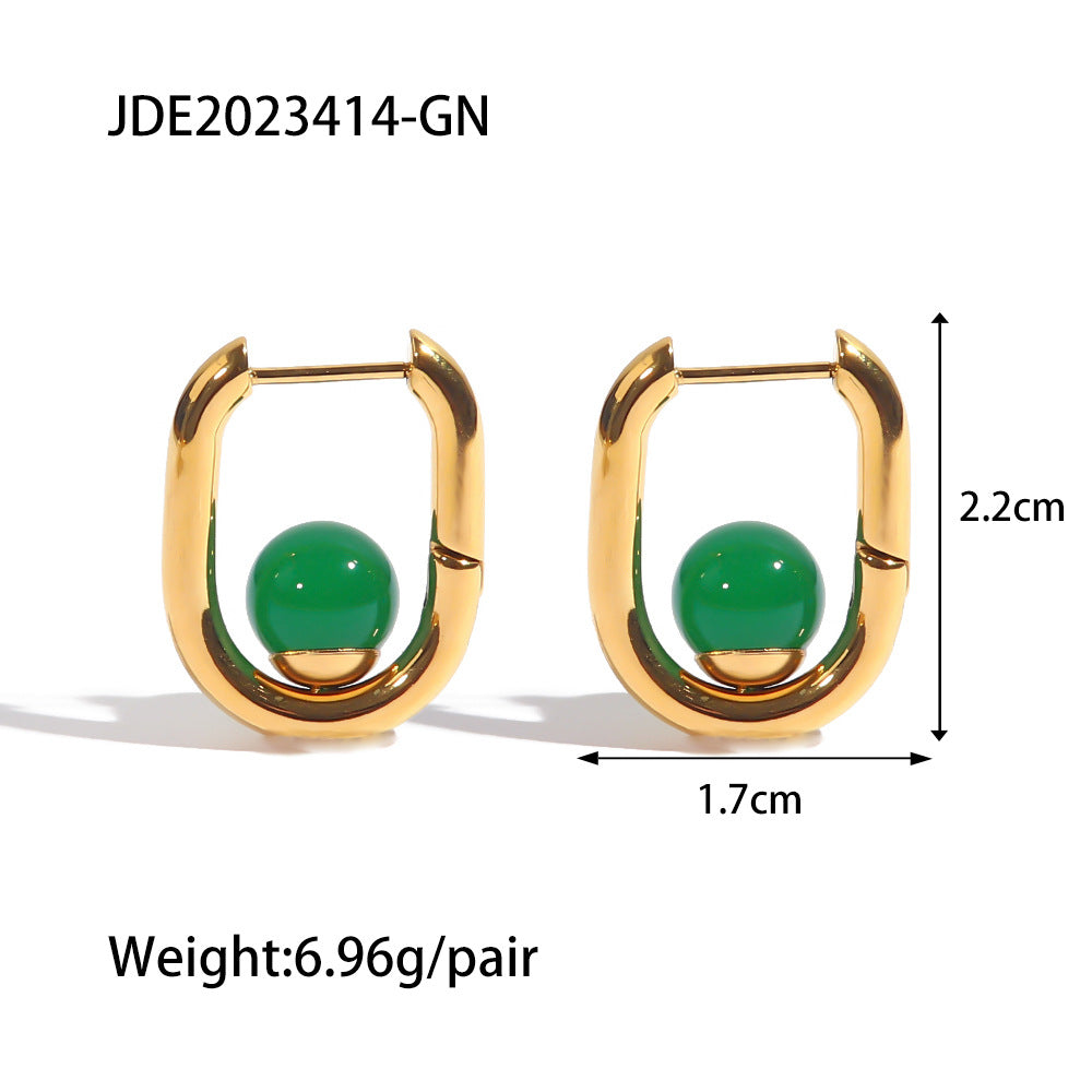 SISSLIA Retro Geometric Simple Design Sense Inlaid with Natural Green Agate Temperament All-matching Earrings