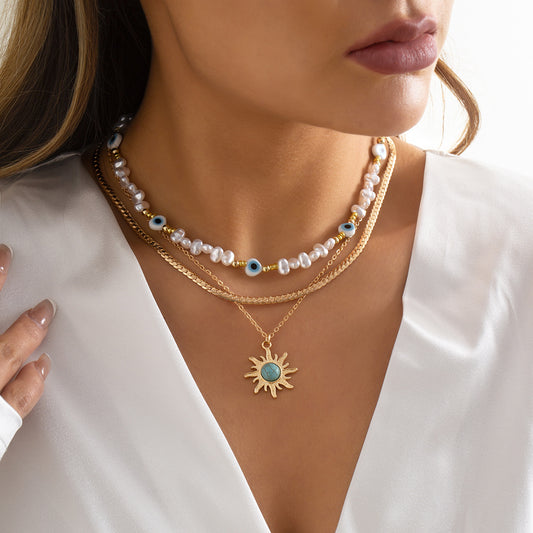 Sisslia Multi-layer Evil-eye Necklace Gold Plated Alloy Pearl Necklace Personality Bohemian Fine Jewelry Necklaces