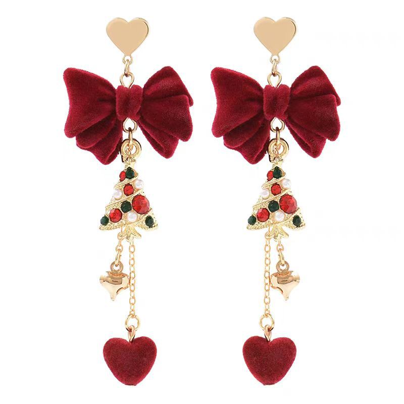 SIsslia Diamond-Encrusted Christmas Tree Red Flocking Sweet Long with Christmas Earrings