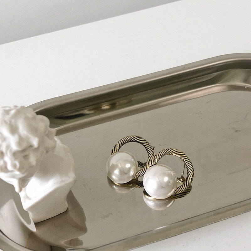 SIsslia S925 Silver Needle Round Large Pearl Retro Everything Temperament Personality Stud Earrings for Women