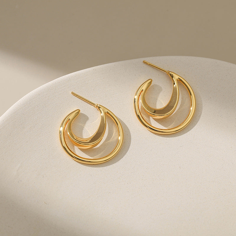 Sisslia Fashion Geometry Stud Earrings Dainty 18K Gold Two Layers Semicircular Moon Shape Stud Earrings For Women