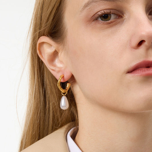 SISSLIA Elegant Pearl Earring 18K Gold Plated Stainless Steel Fashion Classic Water Drop Resin Pearl Hoop Earrings