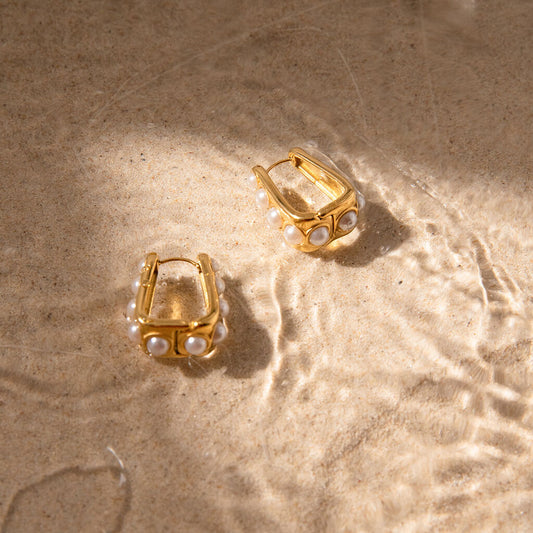 SISSLIA 18K PVD Gold Plate Stainless Steel Earrings Trendy Classic Acrylic Pearl U-shaped Earrings