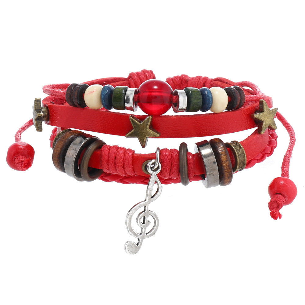 SISSLIA Trendy Handmade Weave Brown Leather Bracelet Metal Star Note Charms Wood Beads Bangle For Unisex Adjustable Bracelet