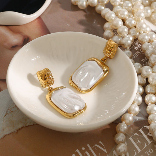 SISSLIA French Vintage Gold Plated Square Earrings Elegant Pearl Shell Concave Convex Geometric Stud Earrings for Women