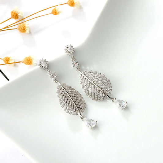 SISSLIA Graces Trendy Shiny Cubic Zirconia White Gold Color Long Leaf Crystal Drop Earrings Bridal Wedding Earrings for Women